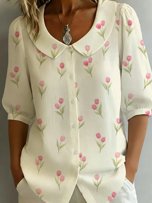 Rosalien | Women's Tulip Print Button Front Casual Blouse