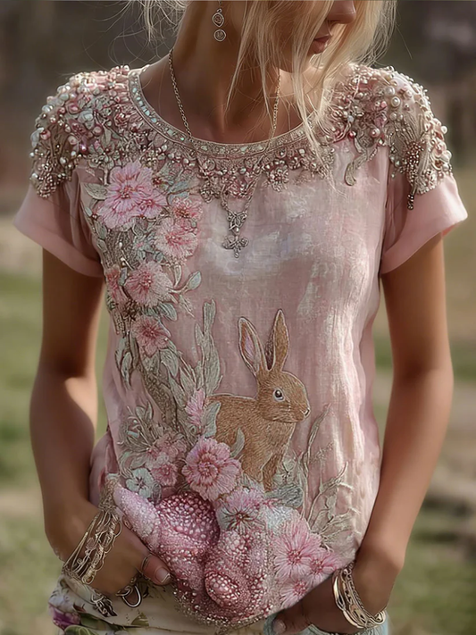 Julija | Rabbit Print Round Neck Short Sleeve Blouse