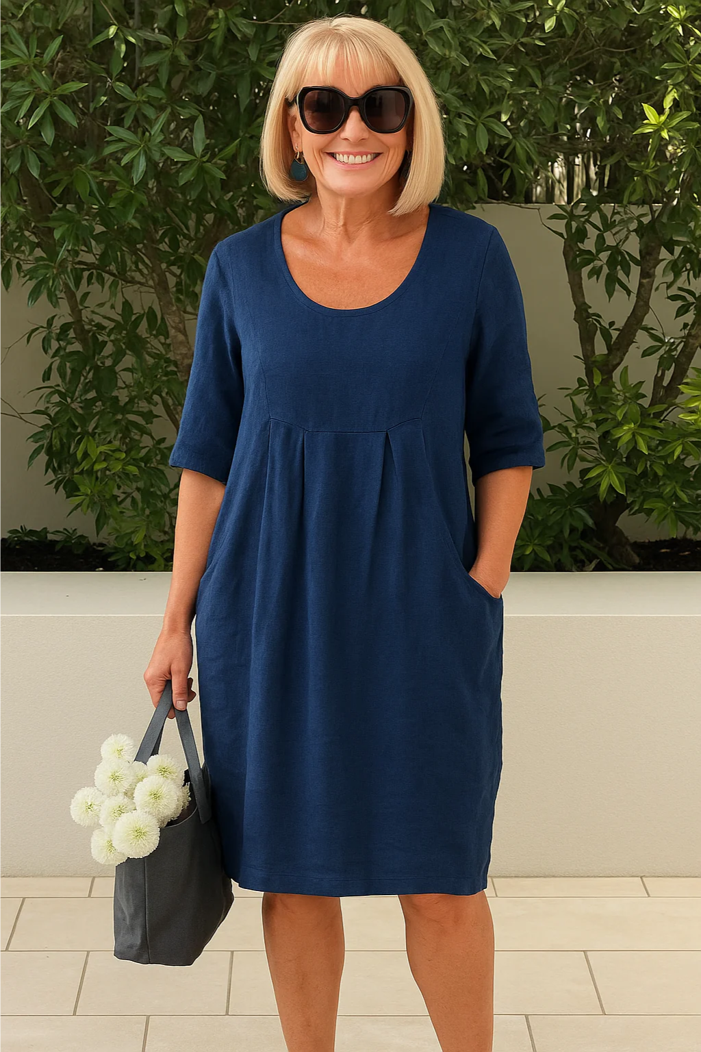 Lienaa - Round Neck Pocket Midi Dress