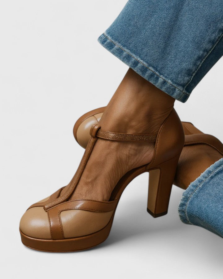 Delfinna | Platform Block Heel T Strap Pumps
