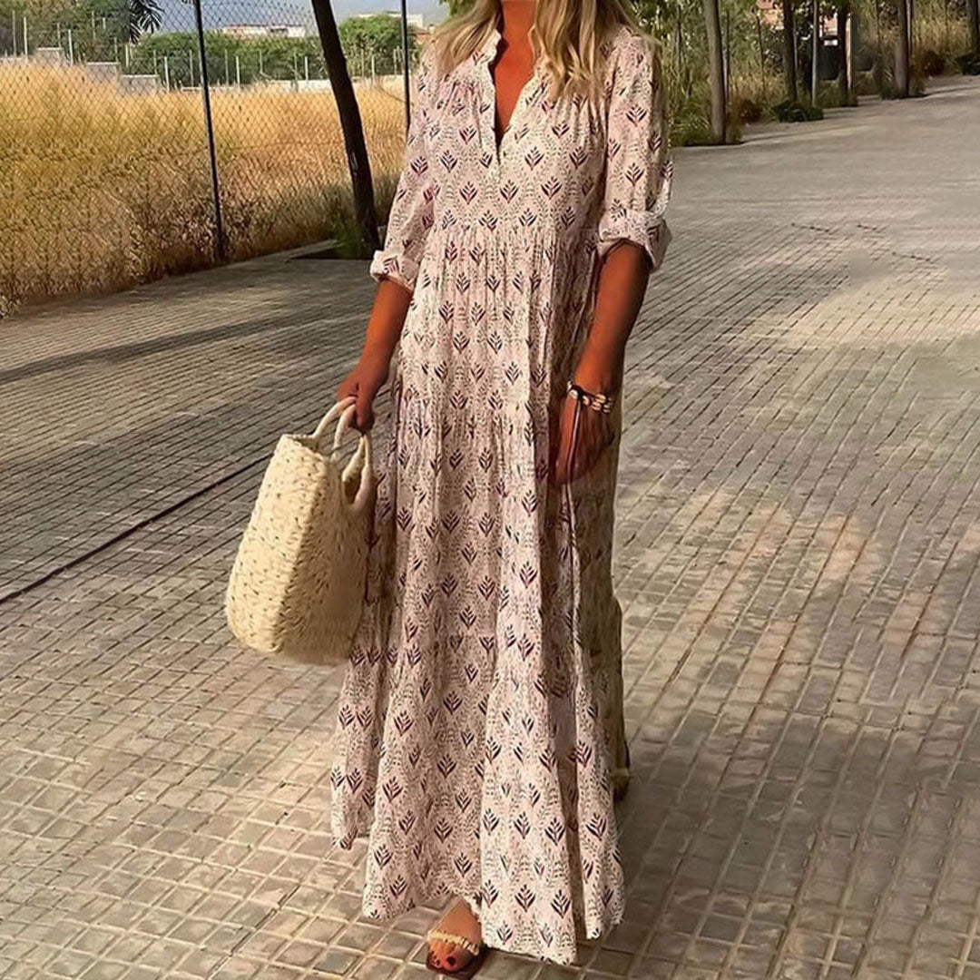 Kadence | Printed V-Neck Maxi Smock Dress