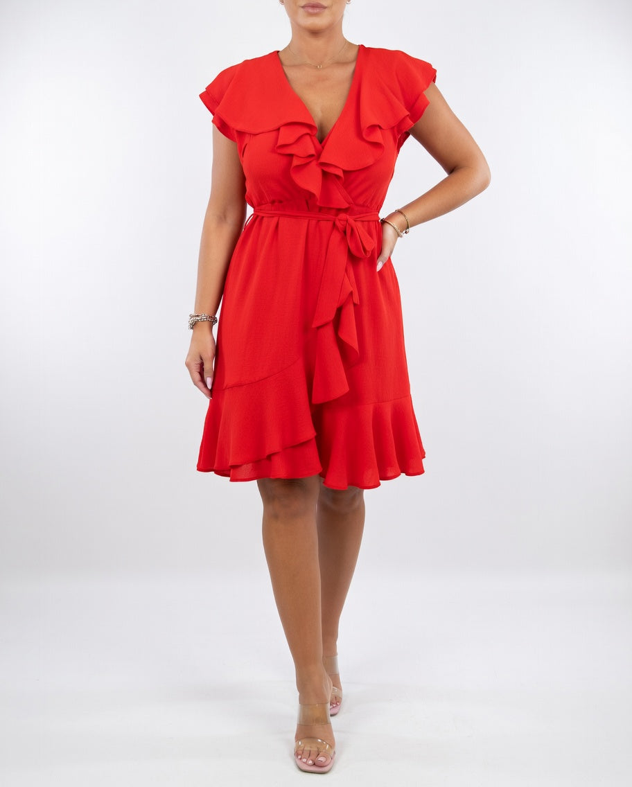 Geiss - Ruffle Wrap Dress V Neck Cap Sleeve