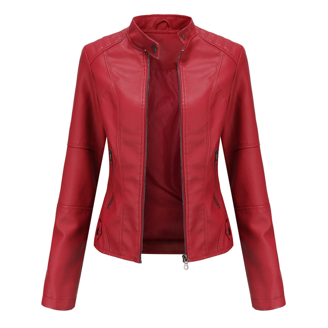 Hanneke | Faux Leather Stand Collar Zip Jacket