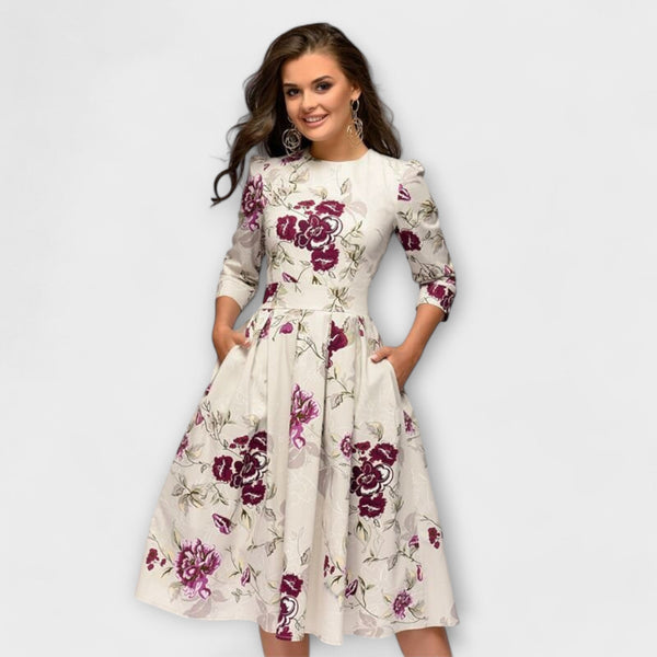 Jeri | Floral Print Midi Dress Three Quarter Sleeve