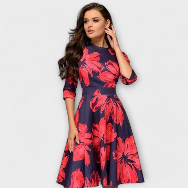 Jeri | Floral Print Midi Dress Three Quarter Sleeve