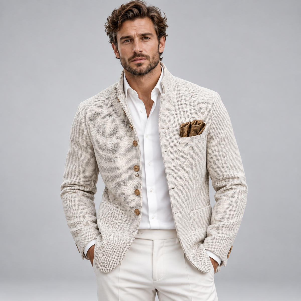 Leone | Blazer With Cream Texture and Stand Collar