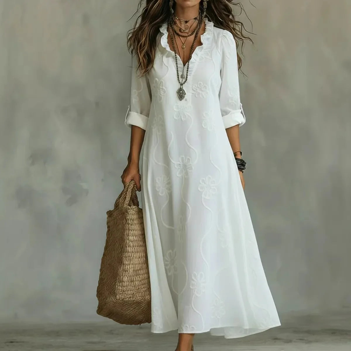 Alyxa - Floral Embroidered V Neck Maxi Dress