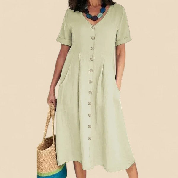 Vivienne | V-Neck Button Front Midi Dress