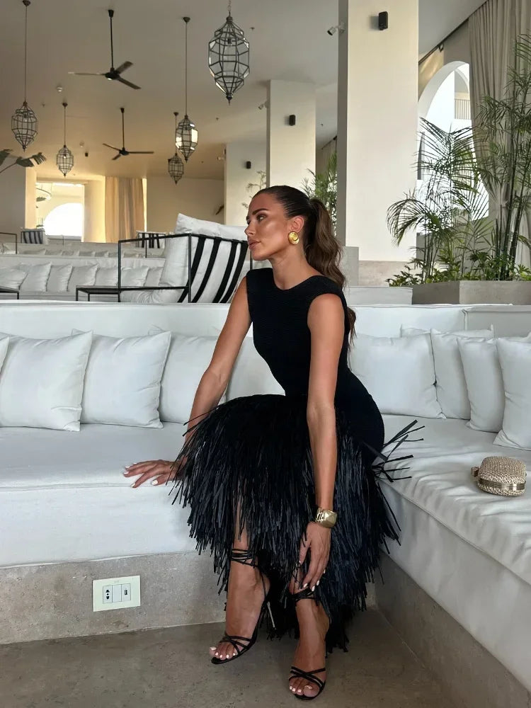Ana | Fringed Midi Dress Sleeveless Black Fit