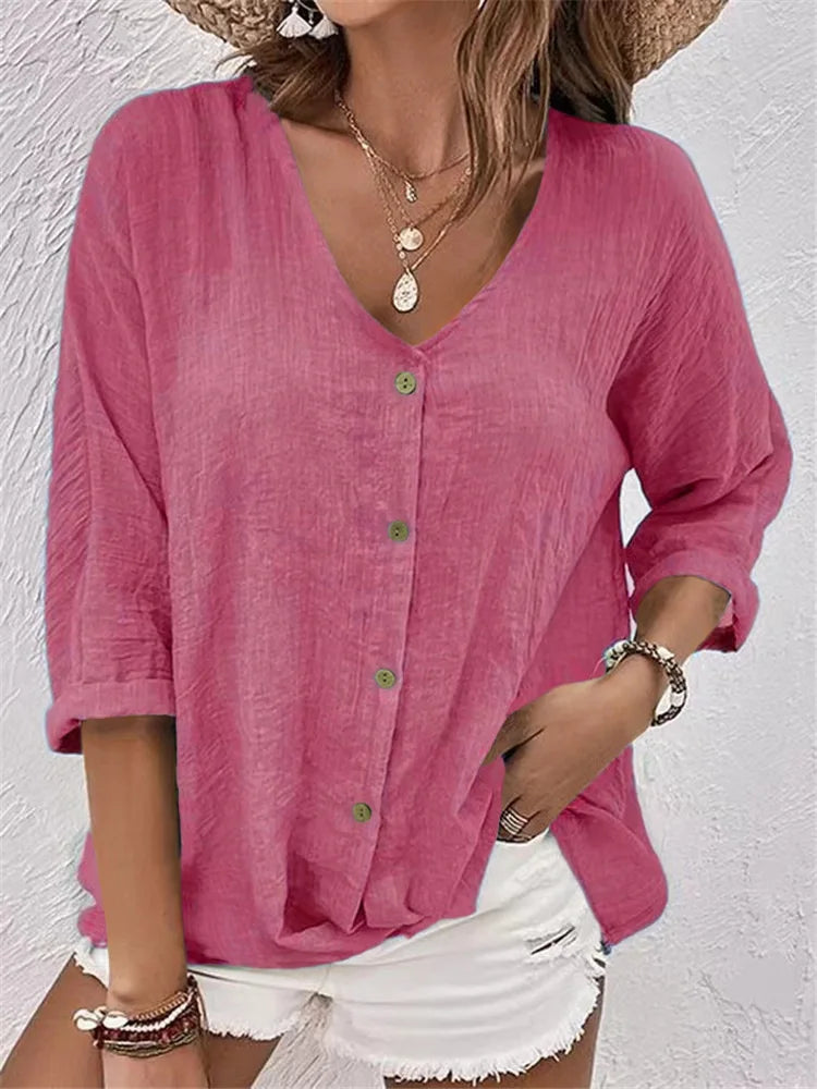 Rosalinda - V Neck Button Front Linen Blouse