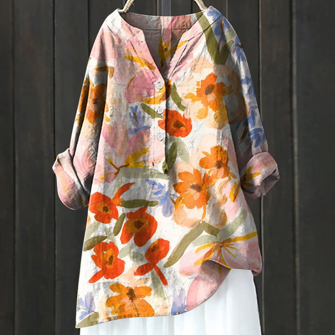 Jovita - Floral Print Button Front Long Sleeve Blouse