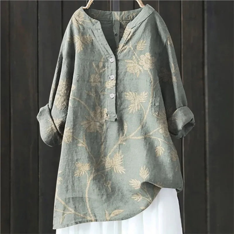 Jovita - Floral Print Button Front Long Sleeve Blouse