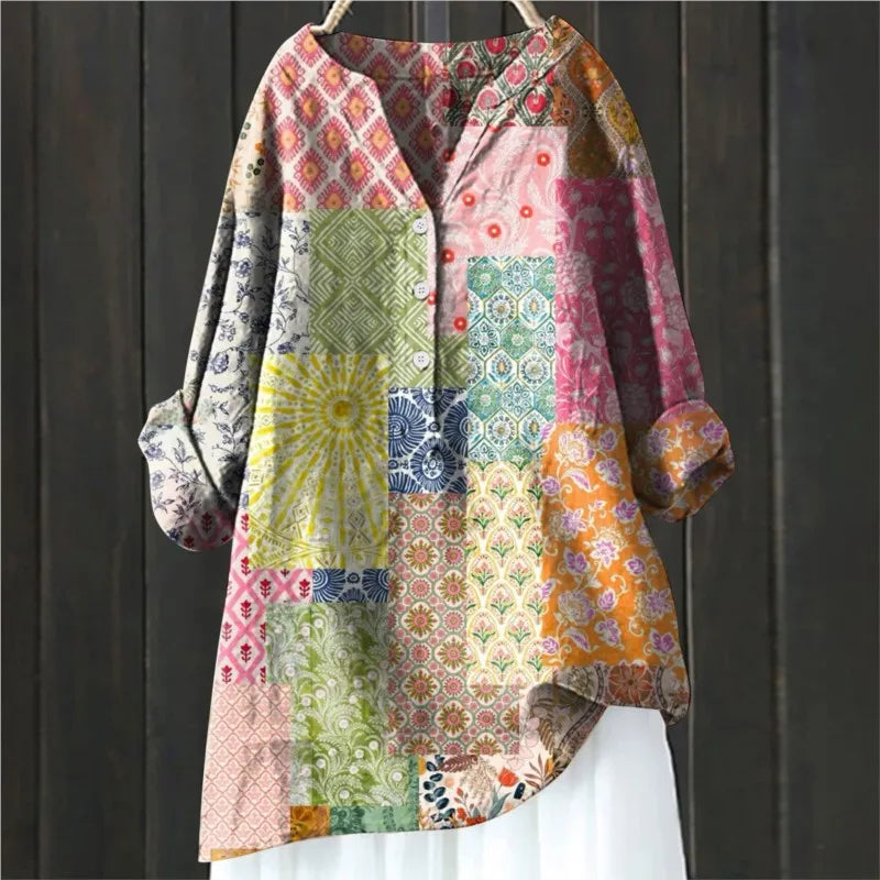 Jovita - Floral Print Button Front Long Sleeve Blouse
