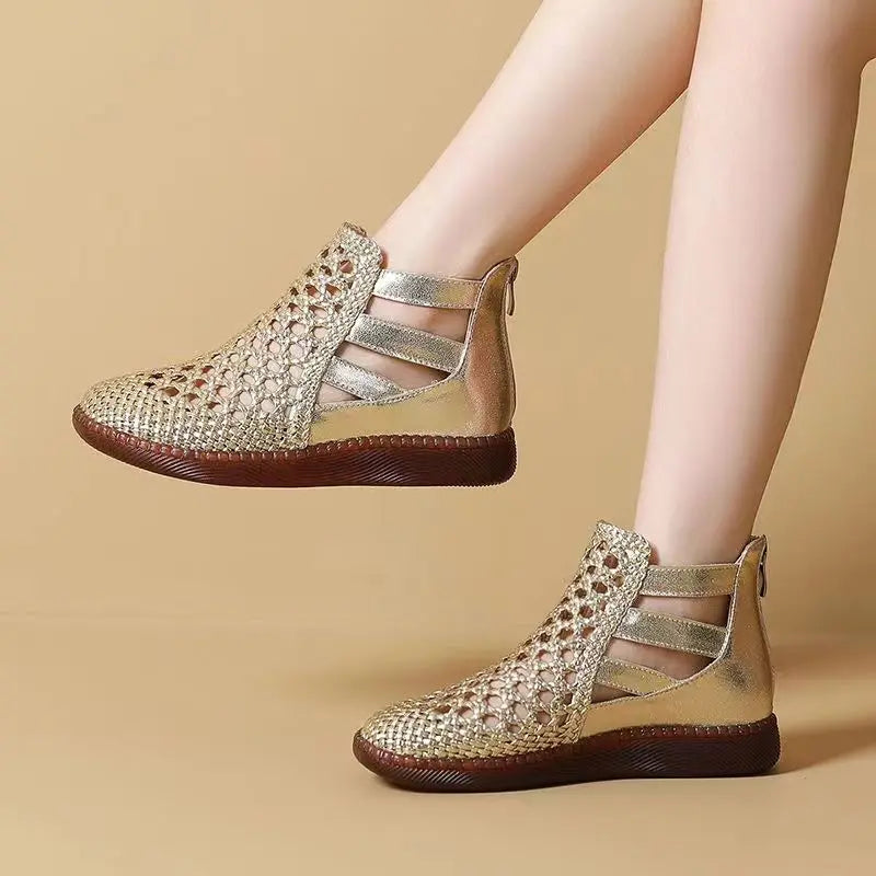 Leolia | Woven Cutout Ankle Flat Shoes