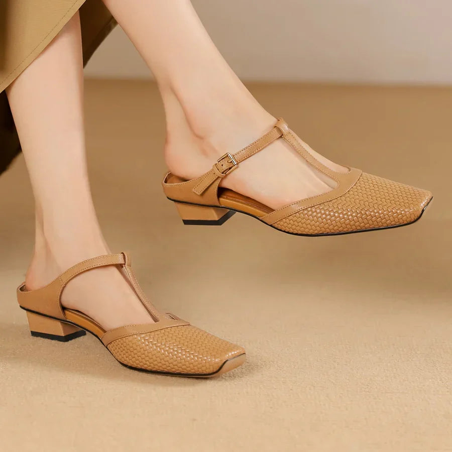 Birte | Woven Square Toe T Strap Slingback Heels
