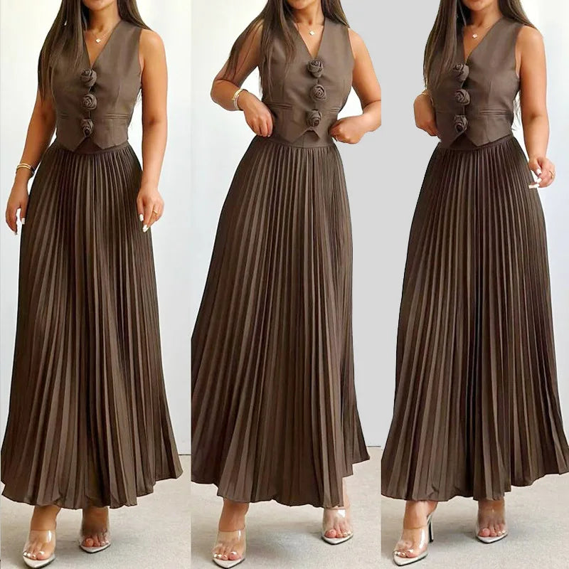 Beyza - Sleeveless V Neck Pleated Two Piece Set