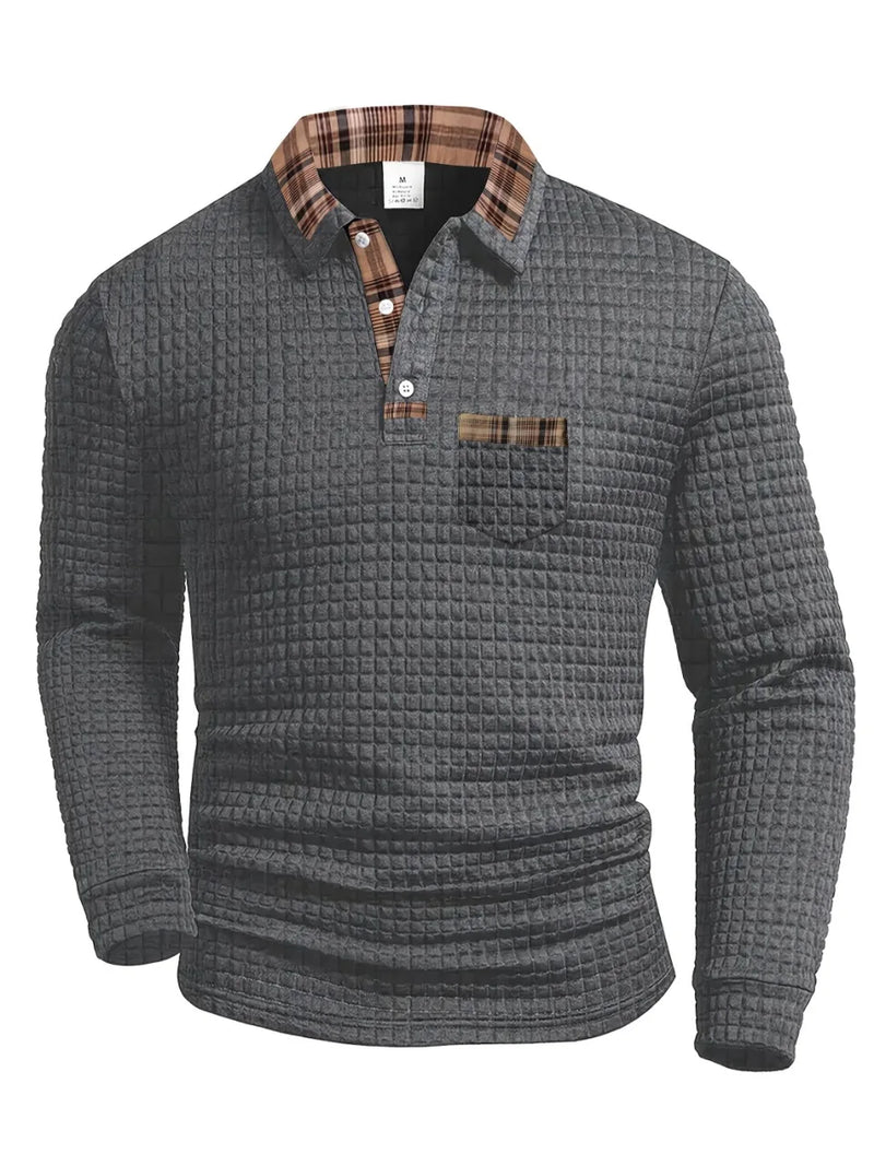 Jerard | Long-Sleeve Textured Checked-Collar Polo Shirt