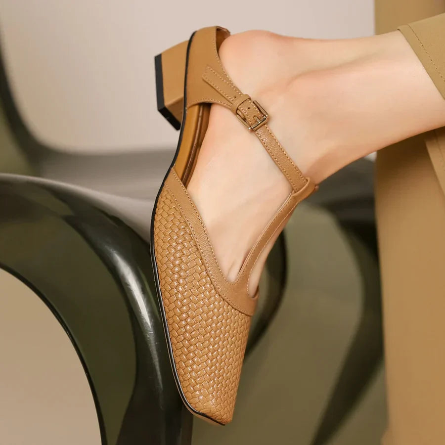 Birte | Woven Square Toe T Strap Slingback Heels