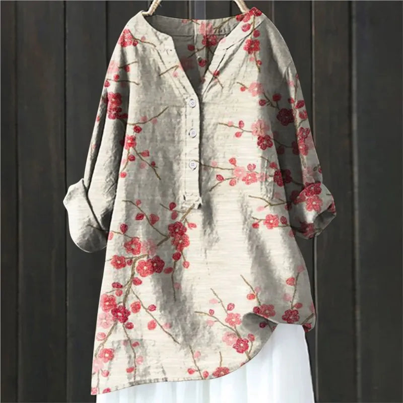 Jovita - Floral Print Button Front Long Sleeve Blouse