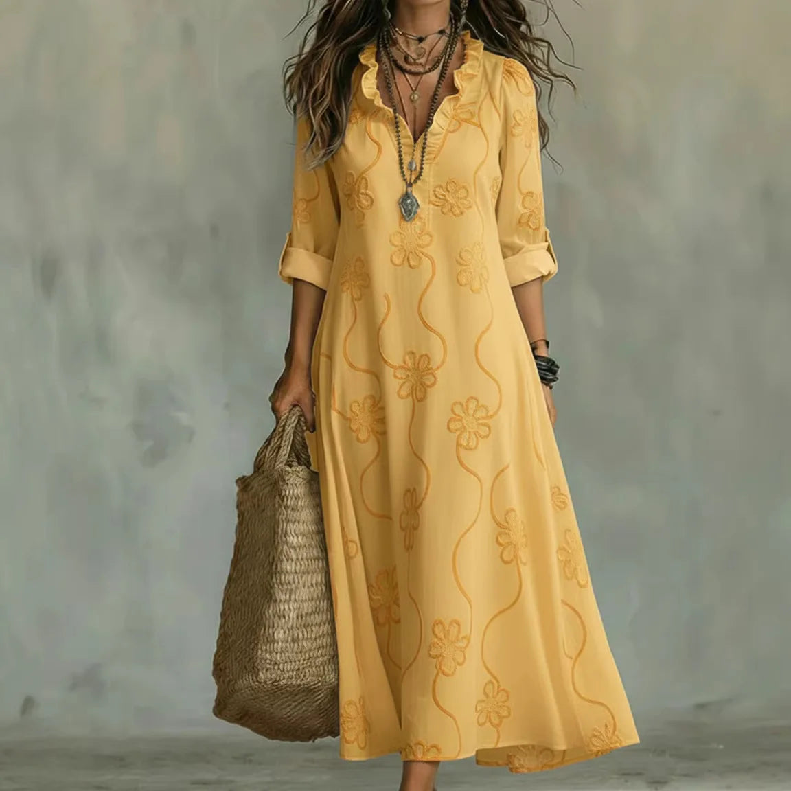 Alyxa - Floral Embroidered V Neck Maxi Dress