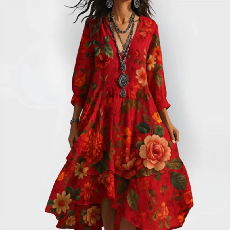 Shanae | Floral Print V Neck Midi Dress