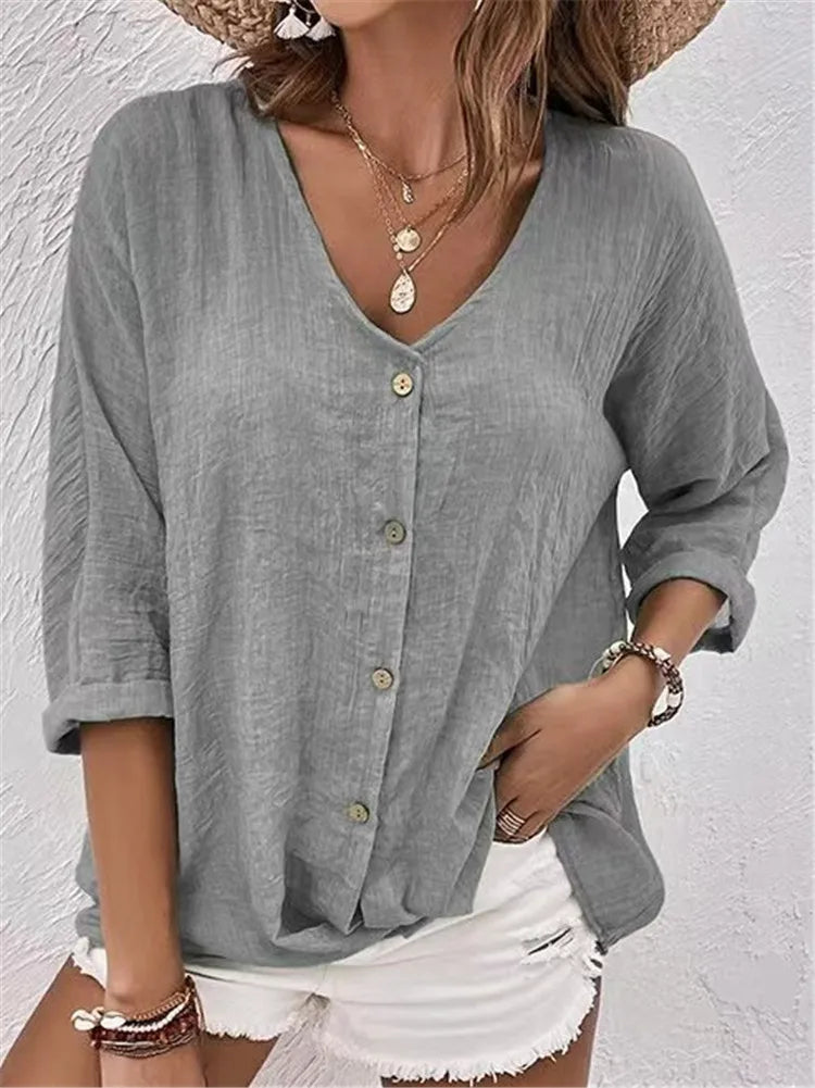 Rosalinda - V Neck Button Front Linen Blouse