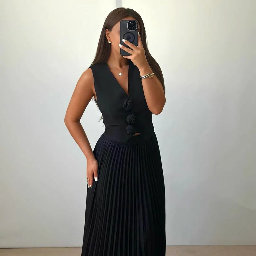 Beyza - Sleeveless V Neck Pleated Two Piece Set