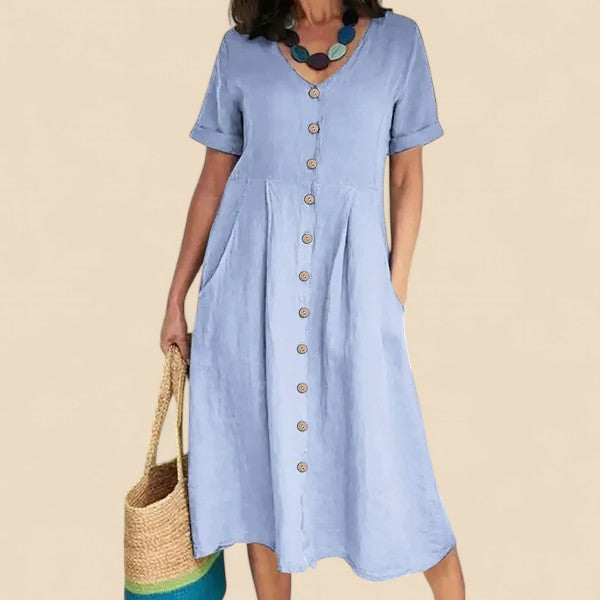 Vivienne | V-Neck Button Front Midi Dress