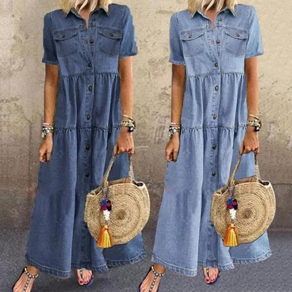 Gudelia | Denim Style Tiered Shirt Dress