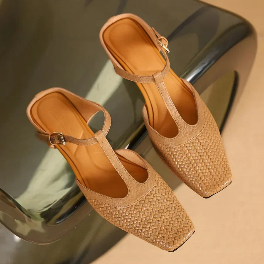 Birte | Woven Square Toe T Strap Slingback Heels