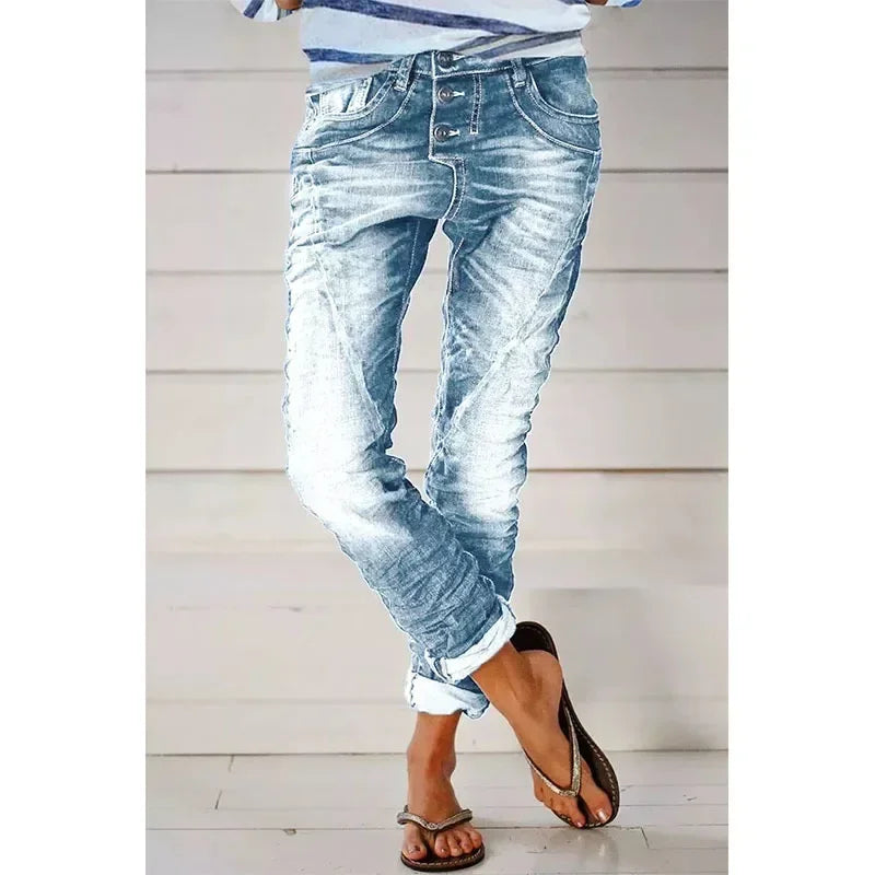 Shauni - Vintage Wash Button Fly Stretch Jeans