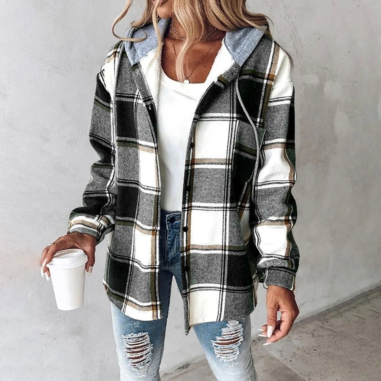 Katherina | Hooded Long Sleeve Plaid Shirt Jacket
