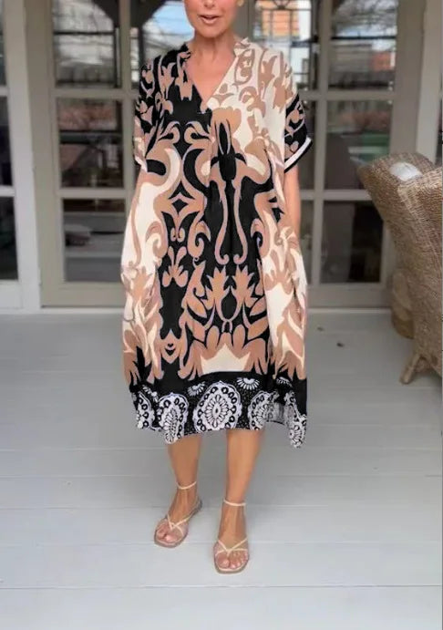 Rilana | Printed V Neck Loose Midi Dress