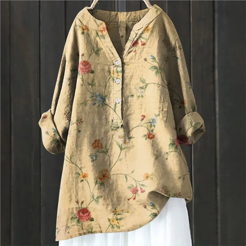 Jovita - Floral Print Button Front Long Sleeve Blouse