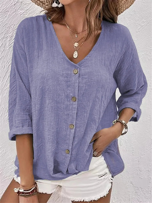 Rosalinda - V Neck Button Front Linen Blouse