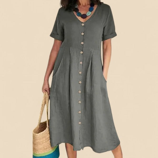 Vivienne | V-Neck Button Front Midi Dress