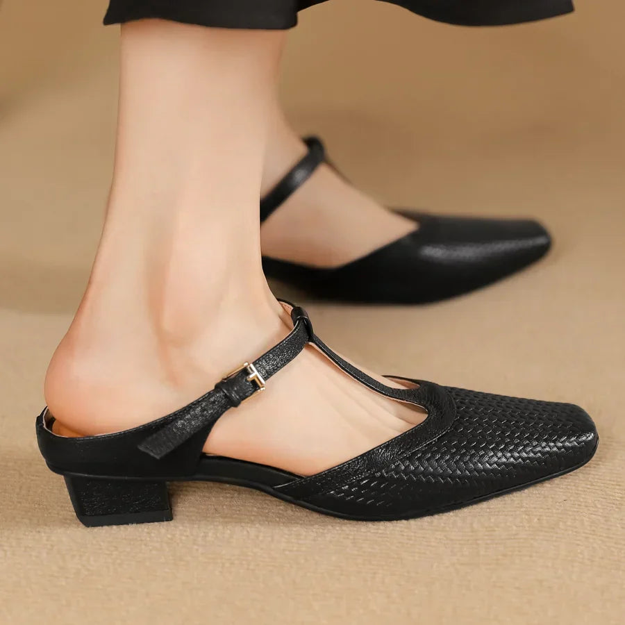 Birte | Woven Square Toe T Strap Slingback Heels