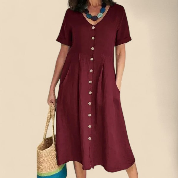 Vivienne | V-Neck Button Front Midi Dress