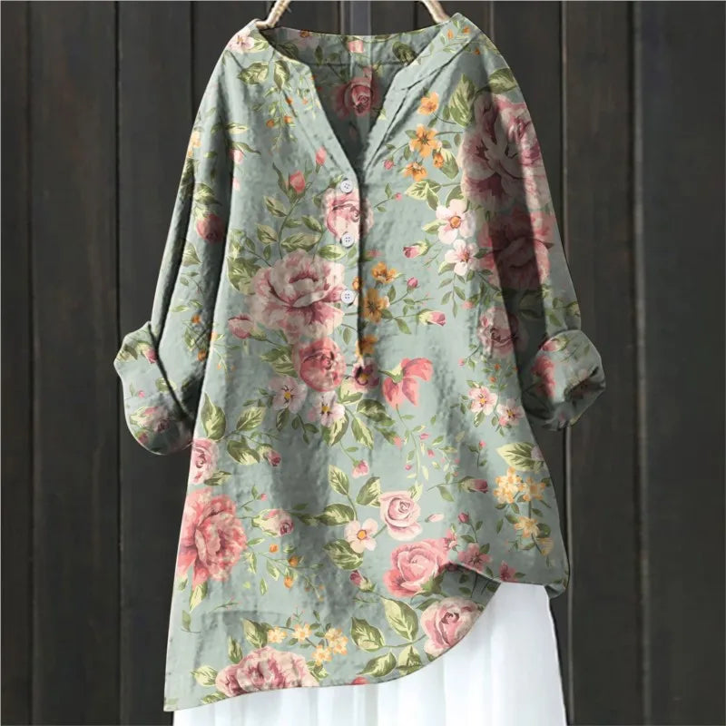 Jovita - Floral Print Button Front Long Sleeve Blouse