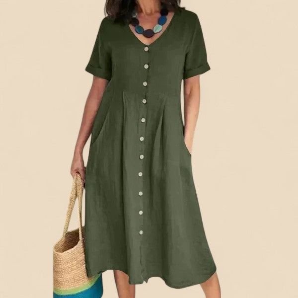 Vivienne | V-Neck Button Front Midi Dress