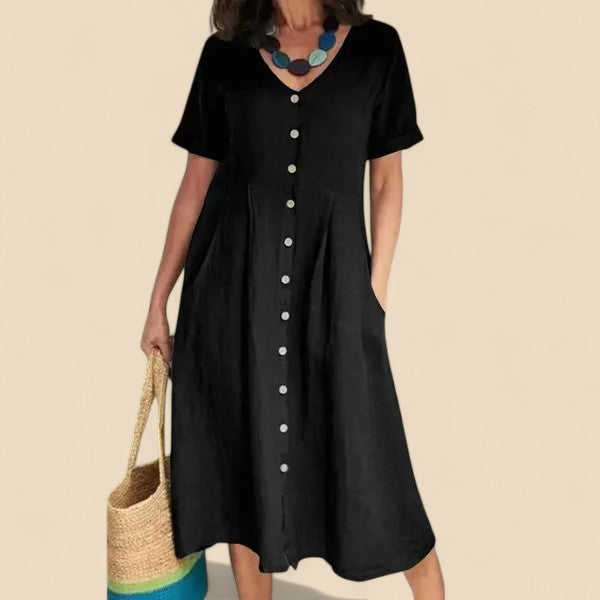 Vivienne | V-Neck Button Front Midi Dress