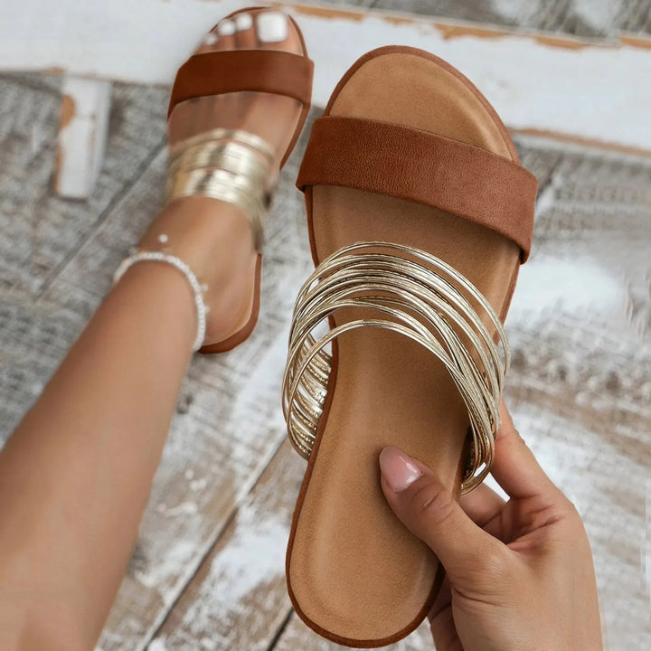 Mukaina | Flat Double Strap Metallic Sandals