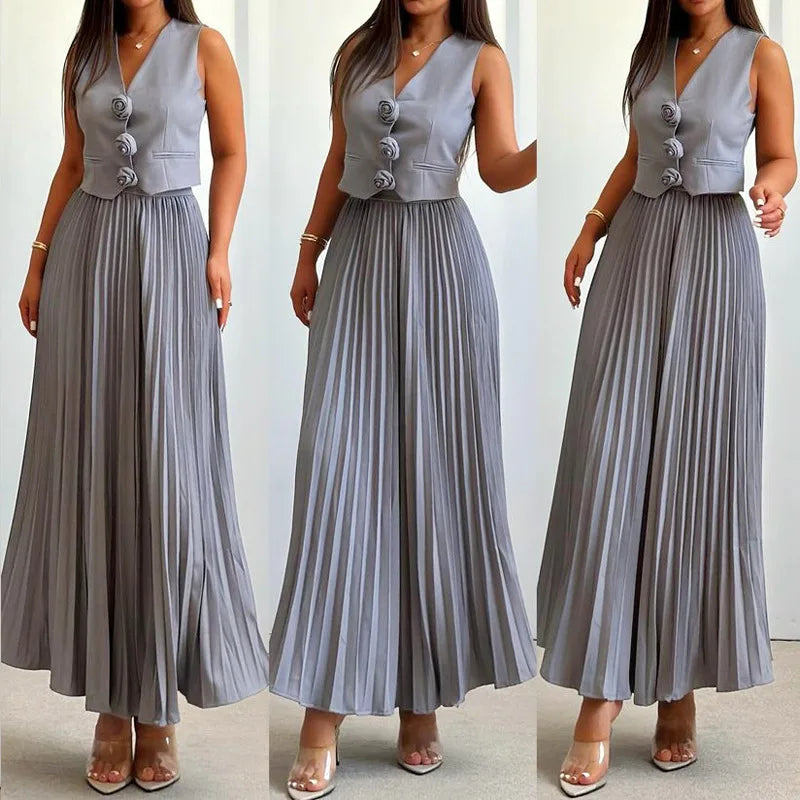 Beyza - Sleeveless V Neck Pleated Two Piece Set