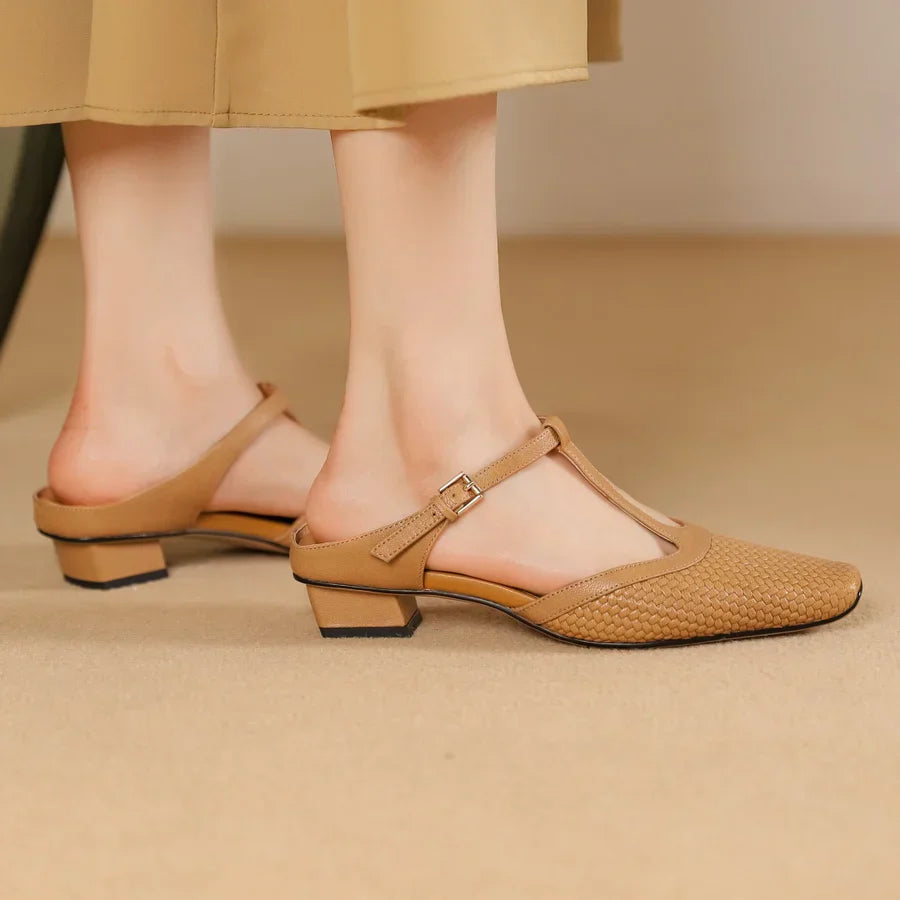 Birte | Woven Square Toe T Strap Slingback Heels