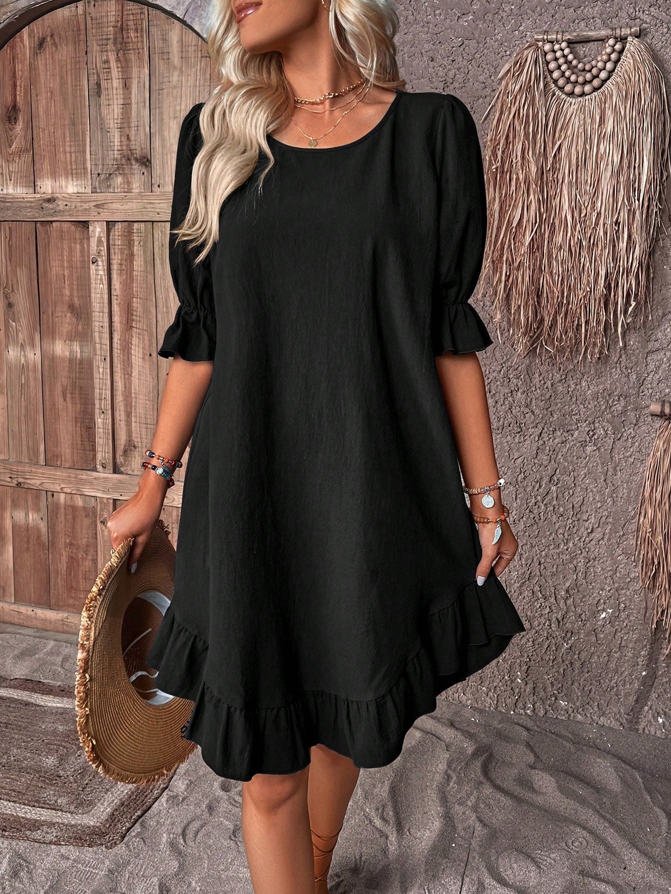 Josefa - Ruffle Hem Midi Dress Puff Sleeves