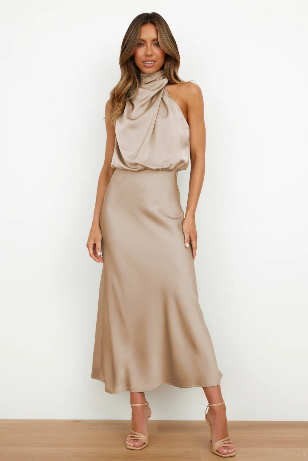 Kangana | Sleeveless High Neck Satin Maxi Dress