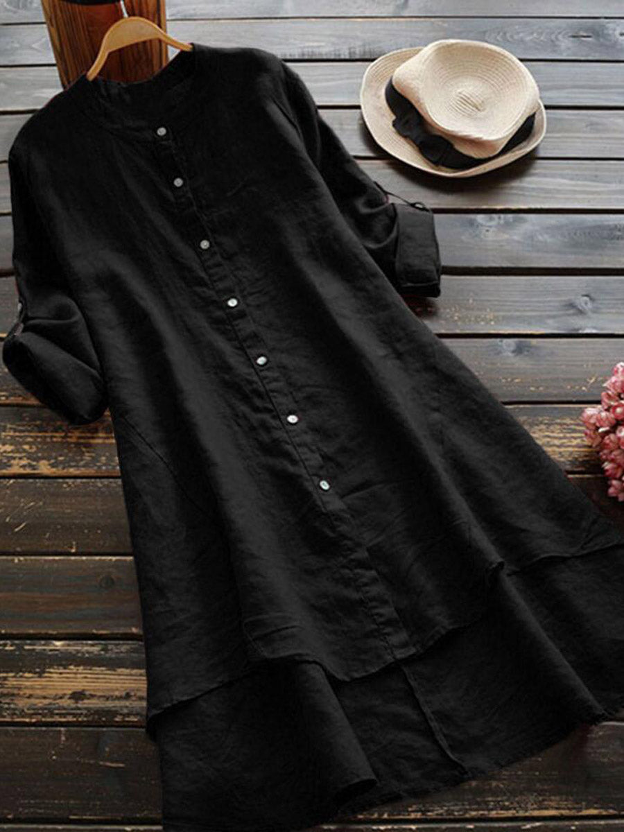 Haleena - Button Front Rolled Sleeve Midi Dress