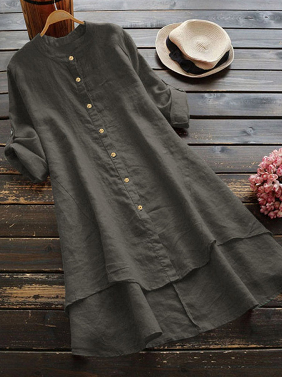 Haleena - Button Front Rolled Sleeve Midi Dress