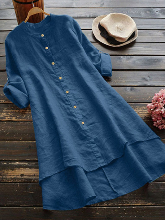 Haleena - Button Front Rolled Sleeve Midi Dress
