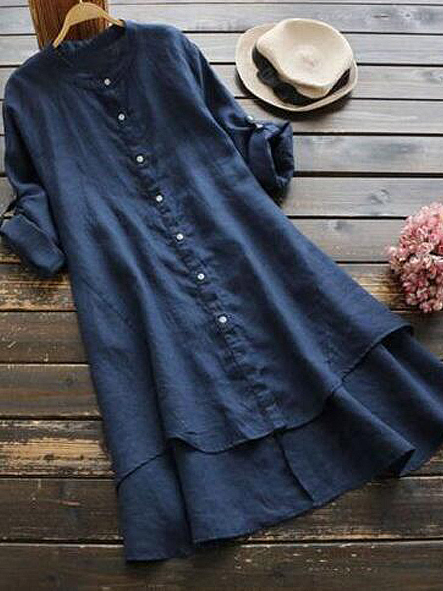 Haleena - Button Front Rolled Sleeve Midi Dress